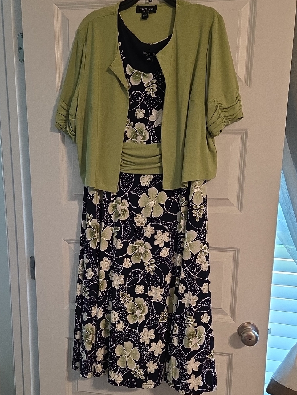 Perceptions Navy Floral A-Line Skirt with Green Accents